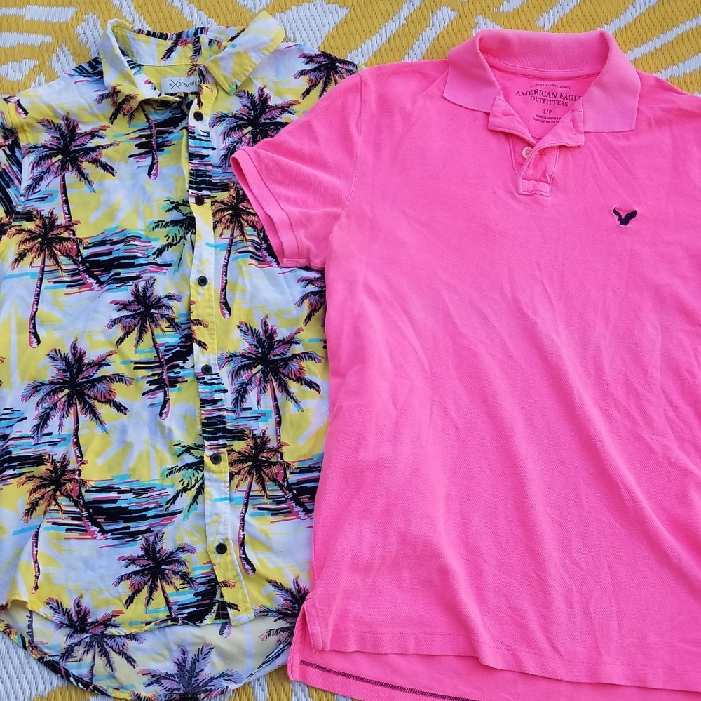 American Eagle AE Pink Polo shirt DepartWest Yellow Hawaiian Men's size S M Set